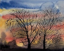 Sonnenuntergang original Aquarell Zeichnung mit Rahmen Sonnenaufgang Bäume