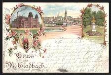 Lithographie M.-Gladbach, Kaiserbad, Kaiser Wilhelm Büste, Totalansicht 1900 