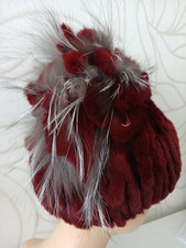 Pelzmütze Rexkaninchen  Silberfuchs Strickmütze Superweich  Ausgefallen Weinrot