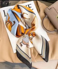 LUXUS SCHAL 70*70 SCARF KUNSTSEIDE CHARMEUSE BLOGGER TUCH ELEGANT HORSES ORANGE