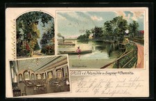 Lithographie Siegmar, Pelzmühle, Neuer Saal, Teichpartie, Waldweg 1900 