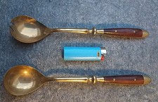  Rostfreies Salatbesteck,Bronze/Messing m.Teakholzbacken 26cm Guter Zustand(A35)