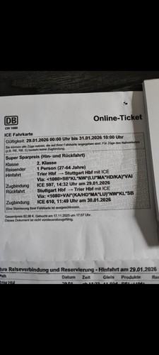 Bahnticket hin und rückfahrt - hin,