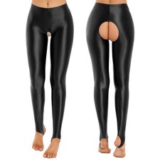 DE Damen Öl Glänzend Offene Schritt Leggings mit Steigbügel Leggins Hose Party