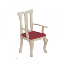 Puppenstube - Stuhl mit Armlehne und rotem Polster Holz natur 1:12