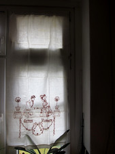Biedermeier Überhandtuch / Scheibengardine Guten Morgen Pärchen Rosen Handarbeit