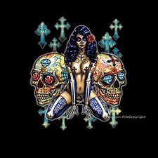 T-Shirt Dia del Muertos Rockabilly Tattoo design Flash Pinup skull *1038 bl