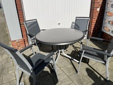 Sieger Royal Gartenmöbel 4 Stühle Sessel + Auflagen  1 Tisch Rund Grau Aluminium