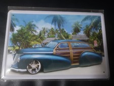Blechschild Schild 20x30 Ford Woody at the Beach, am Strand, blau, Bild, KP