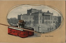 AK Leipzig neues Theater Augustusplatz, Prägedruck Tintenfass+Schreibfeder, 1900
