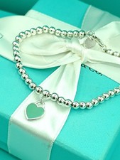 Return To Tiffany & Co blau Emaille Herz auf Mini Perlen Armband 6,75" -7" Medium