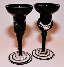 Pair of Black Glass Candle Stick Holders 18cm Tall – Elegant Home Decor