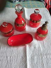 Vintage Frisiertisch Toiletten Set, Garnitur, Glas, rot, 5-teilig