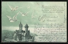 Lithographie Briefschreiben! Viel zu unbequem..., Brieftauben über einer Burg 