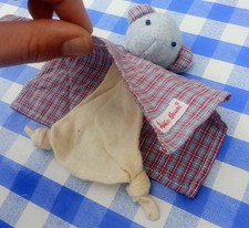 Käthe Kruse Schmusetuch Bär kariert 17x17 cm Stofftier grau blau rot Vintage