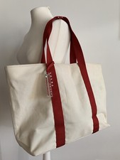 PRADA SHOPPER TOTE CANAPA GYM BAG IN COTTON NATURALE 4VA133 WEISS UND ROT