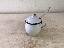 Alter kleiner Emaille Senfpot  Weiss Blau Shabby Brocante Landhaus Vintage Topf