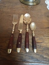 Vintage 4 teiliges Besteck f. 1 Person Bronze mit Rosenholzgriff