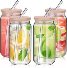 480ml Dosenform Glas Tassen Set, Trinkgläser mit Bambus Transparent 