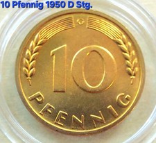 10 Pfennig 1950 G in Stempelglanz. Goldene Patina! Aus original Rolle