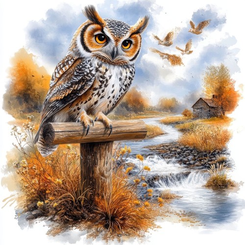 Wandbild eule fluss herbst - eule,