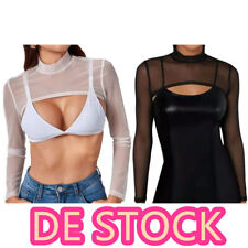 DE~Damen Mesh Sheer Crop Top Sexy Transparent Langarmshirts Shrug Oberteileg