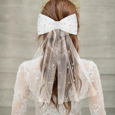 43cm Brautschleier Kurz, Schleier Braut, Weißer Schleier mit Perlen & Schleife H