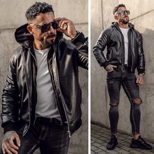 Kunstlederjacke Jacke Sweatjacke Bikerjacke Casual Kapuze Herren BOLF Unifarben