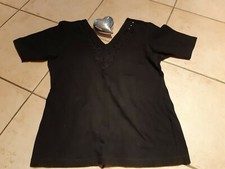 T-Shirt Damen, tiefer V-Ausschnitt, Borteneinsatz geblümt, schwarz, Gr. M/L, Bla