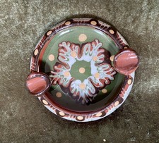 Aschenbecher Bulgarische Keramik Vintage Handbemalt Pfauenauge Ø 9 cm Grün