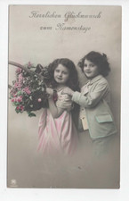 AK Glückwünsche zum Namenstag um  1920 Blumenkorb-Kinder