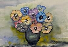 STIEFMÜTTERCHEN original Aquarell Zeichnung m.Rahmen Blumen Botanik Vase Strauß!