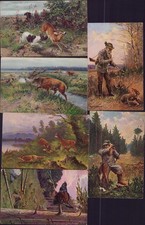 167645 6 AK Künstlerkarte Jagd Jäger Fuchs 1905 Fasan Reh Kitz Auerhahn HirschA
