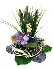 Gesteck Kunstblumen Lila rund 30 cm Traubenhyazinthe Tischdekoration Mausfigur 