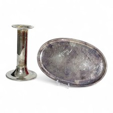 Konvolut versilbet Kerzenleuchter ca. 16 cm & Tablett 21,5 cm