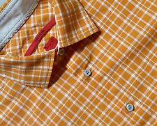 SIGNUM Hemd Gr L 118 Regular Cut Kurzarm Orange/Weiß kariert mit Leinen NEUWERT