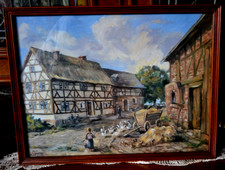 Ölgemälde hinter Glas alter Bauernhof Holzrahmen E. Grimm 42 x 32 cm Vintage