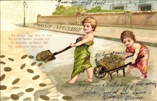 Ak Glückwunsch Neujahr, Kinder, Schubkarre, Spaten, Münzen - 4533110