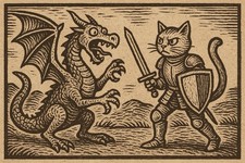 Mittelalter Ritter Drache Mit Katze Burg Bild Art Holzschnitt Poster Kunstdruck