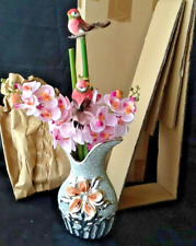 Vase Silber mit Seidenblumen Deko Gesteck Blumen Orchideen und Vögeln  NEU & OVP
