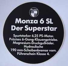 Werbe-Aufkleber Puch Monza 6 SL Der Superstar Moped Oldtimer 70er 14,5 cm