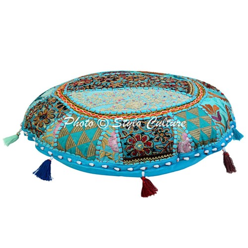 Bodenkissen rund blau vintage - rund,