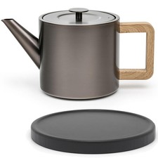 Edelstahl Teekanne 1.1 Liter metallic-grau doppelwandig Holz-Untersetzer schwarz