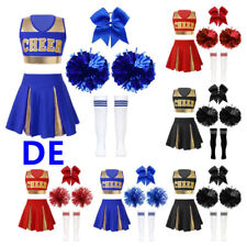 DE Kinder Mädchen Cheerleadering Outfit Top Rock mit Pompons Strümpfe Kostüm 