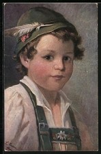 Künstler-AK Theo Stroefer Nr. 1133: Junge in bayrischer Tracht mit Feder am Hut 
