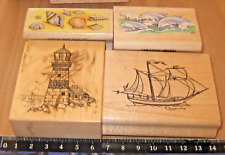 4 Holzstempel Muscheln Leuchtturm Delphin Segelschiff maritim unbenutzt