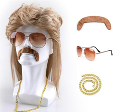 Vokuhila Perücke Herren Sonnenbrille Goldkette Bart Karneval Fasching Halloween 