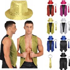 DE Herren Pailletten Weste Knopf Ärmellose Weste Topd mit Hut Krawatte Party