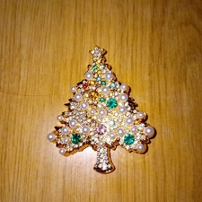 Brosche zauberhaftes Weihnachtsbäumchen goldfarben Strasssteinchen & Kunstperle