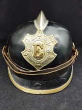 Antiker Feuerwehrhelm Leder Wappen "E" Pickelhaube Korpus Müller um 1890 - RRR
